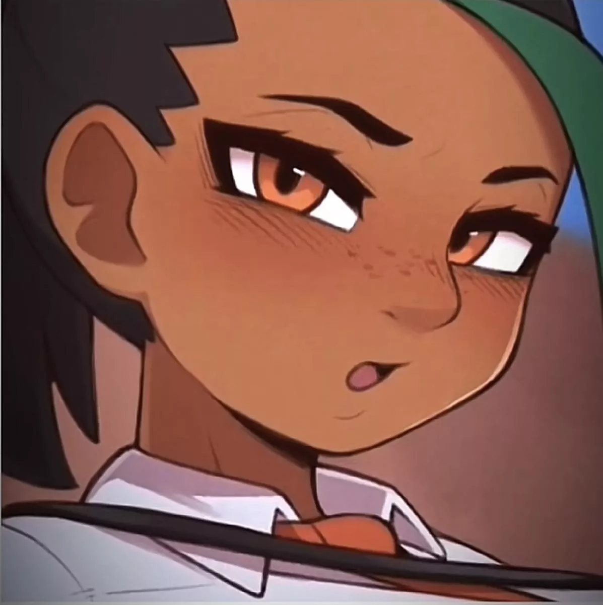 Color 1girl ,Brown eyes, Short black and green hair , Blushing, white shirt , orange tie, squinted eyes , mouth open , freckles , Brown skin color posted by ChachaRealsmooth205