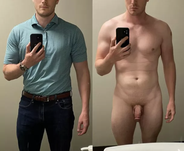 [M] 30 200lbs 6’3” taken at work. I thought I’d share how I look with and without clothes if that’s allowed. by Downtown-Ad-484