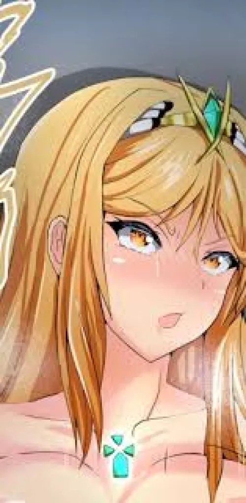 LF color source: 1girl, crop, blonde hair, ahegao, headband, long hair, yellow eyes, mouth open, cleavage, shadow, xenoblade chronicle 2, mythra, sfx by gmdragon