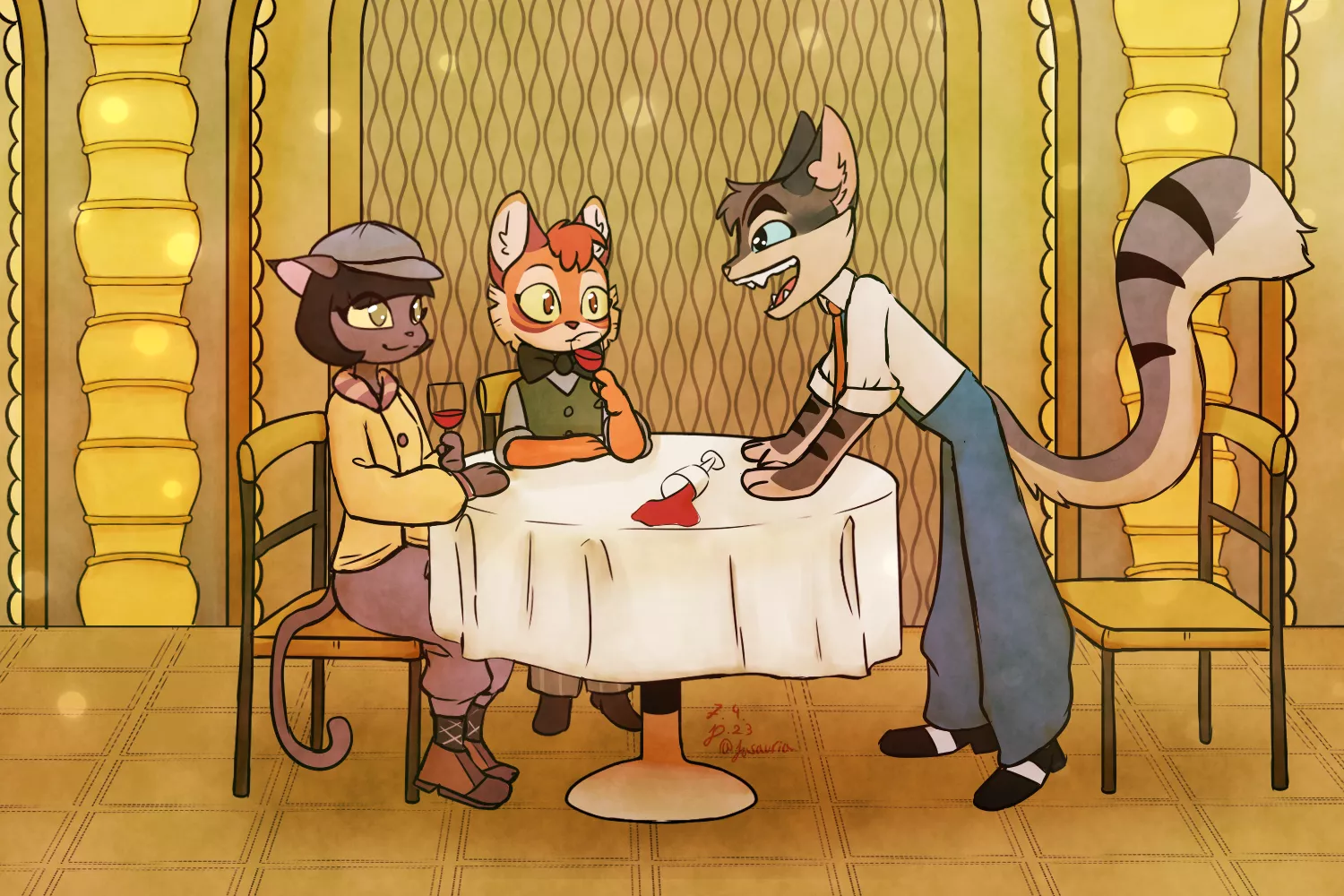 A friendly talk in the restaurant. What you think they talk about? (Lackadaisy Fanart by me) posted by jusauria_sfw