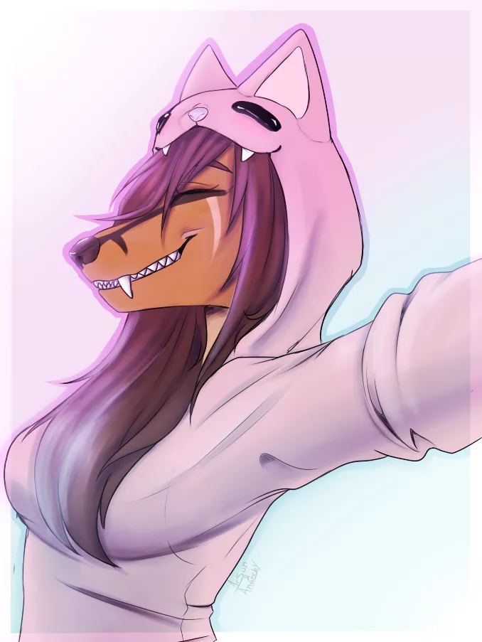 Lisa taking a slefie in her pink cat hoodie posted by ScatterbrainedNoodle
