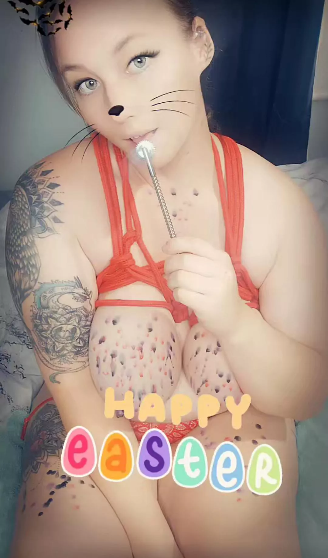 Self tie and turning the boobs into easter eggs 😝 messed up the left side 🥺 posted by Milkygalaxygirl