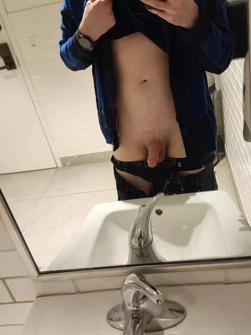 I have a new Sir and am looking for exhibitionist ideas. I'm looking to push my boundaries. Pic is in my work bathroom, door unlocked. by Locked-Wulf