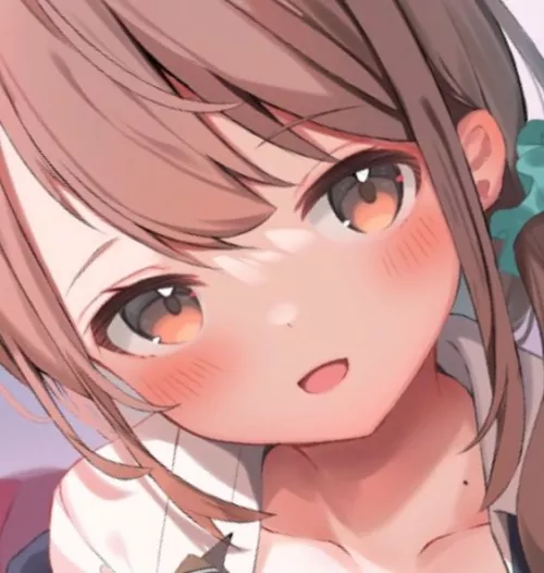 LF Color source: 1girl, brown hair, brown and orange eyes, blush, pointed dot on collarbone, green hair tie, ponytail, tied hair, white shirt, looking at viewer, smile mouth, open mouth smile, forehead, indoors by toneonis