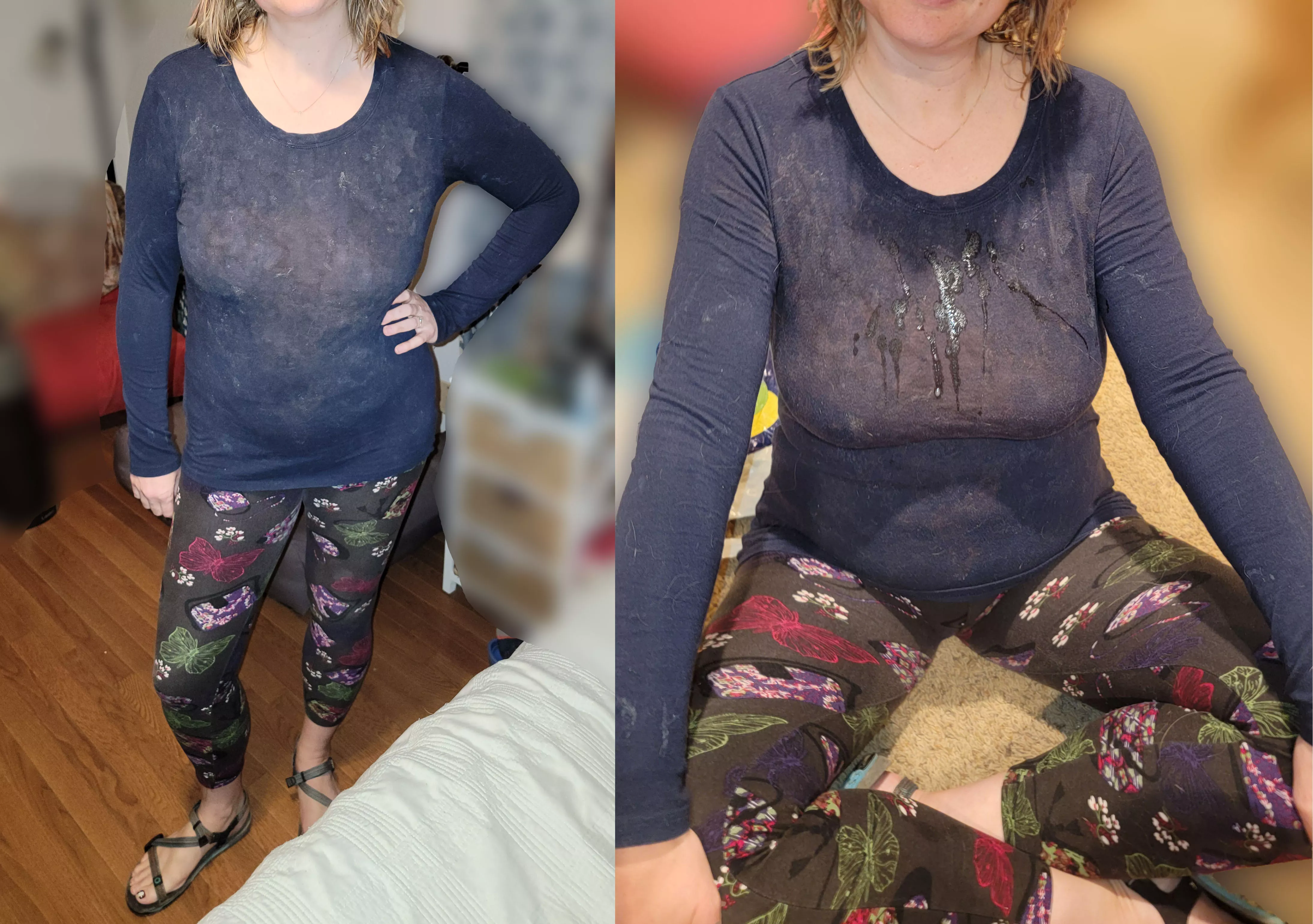 Load 58 on wife's cumstained blouse before and after posted by cumfoot2003