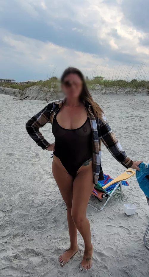 Gorgeous wife on public FL beach wearing her new Sherrylo swimsuit. by Lessclothing