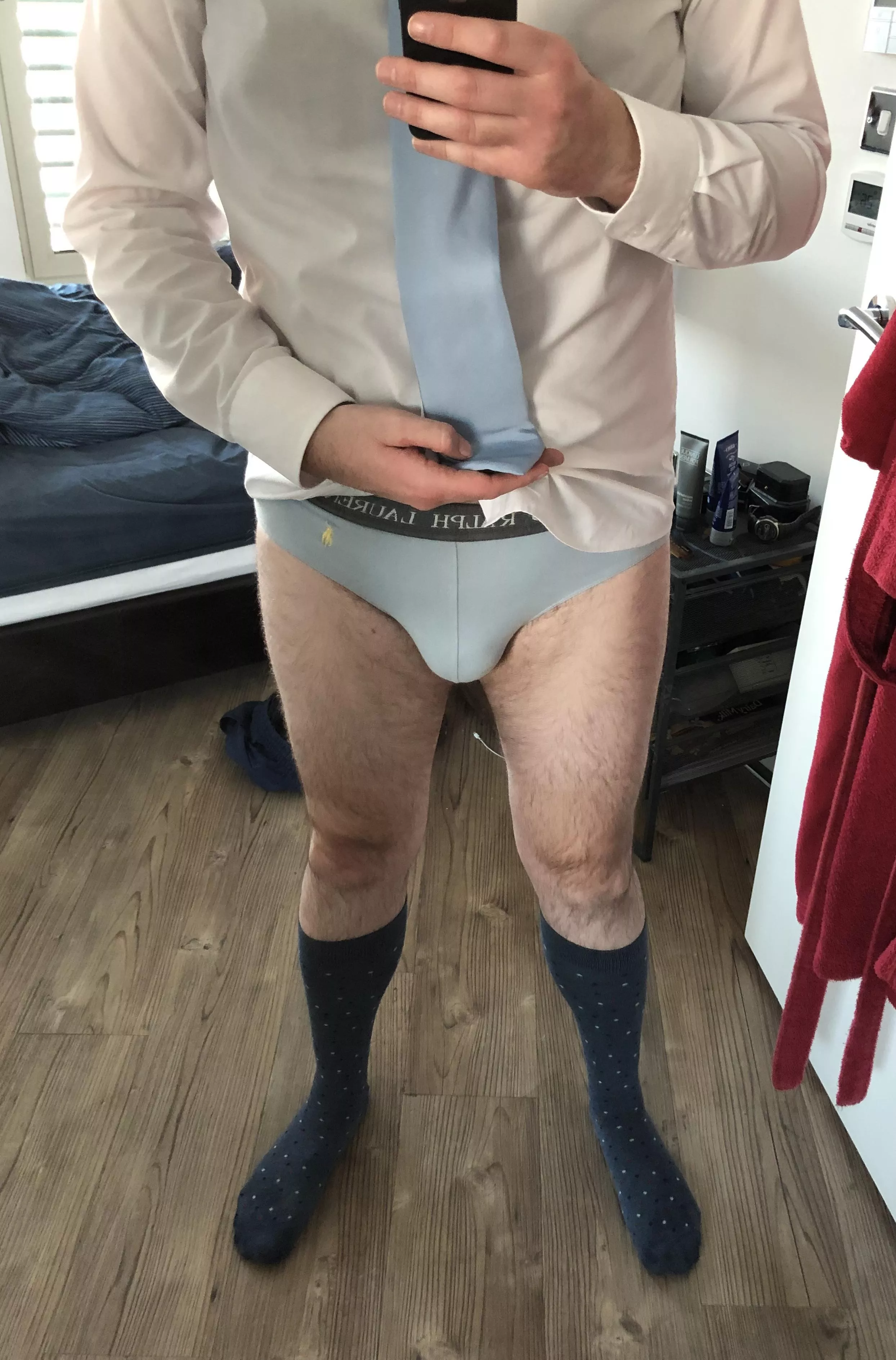 A couple of weeks ago, I posted a picture wearing polka-dot briefs, and I mentioned that I had matching OTC socks. Today, I wore the polka-dot socks but not the matching briefs. Went for a nice shade of blue instead. posted by Richardse110