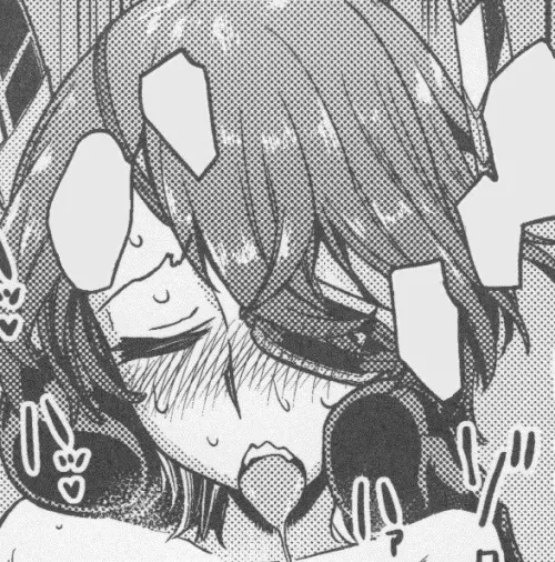 Lf Mono Source: 1girl, ahegao, blush, open mouth, sweat, drooling, black hair, hair between eyes, sfx, face, close up, short hair, closed eyes, eyepatch, upper teeth only, tongue out, blank speech bubble by saheel007