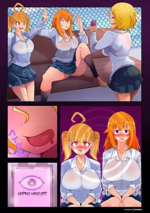 LF color source: 3girl, comic, blonde, redhead, hypnosys, schoolgirl, skirt, transparent shirt, app, blushing, hypno haigure by Umbraminf