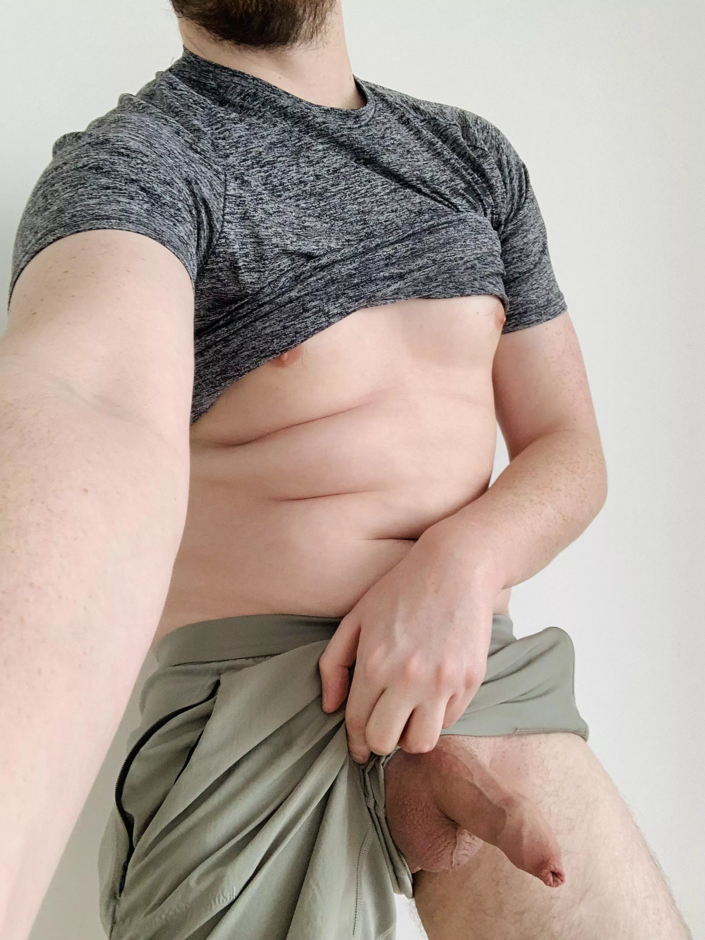 My softie peeking out from under my gym shorts posted by bulgepup