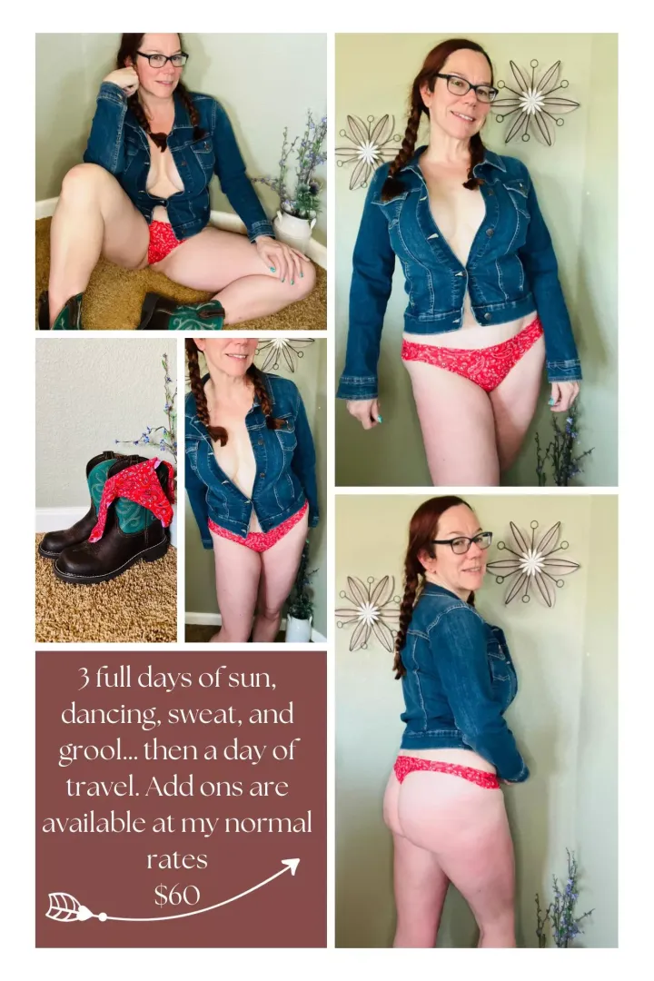[selling] Special panty wear opportunity!!! I’m going to Stagecoach at the end of the month. 3 days of sun and fun, walking and dancing… which means sweat and grool soaking my cute red paisley print thong. Extra adds are available. 3 days, sealed, tr posted by S4ssypanties