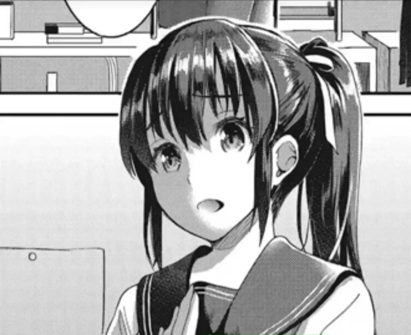 LF Mono Source:1girl, black hair, ponytail, hair band, speech bubble, schoolgirl uniform posted by MuffinMan_68