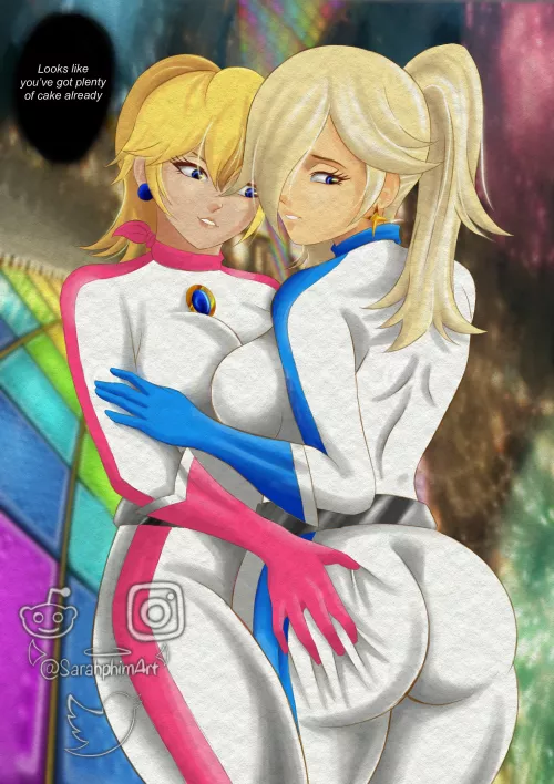 Peach and Rosalina sharing some cake (art by @sarahphimart) by SarahphimArt