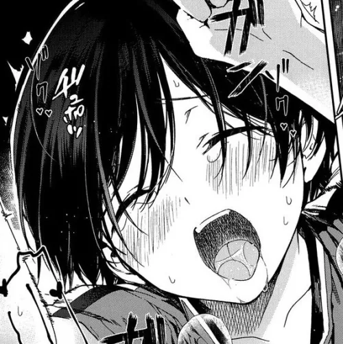 Lf Mono Source: 1girl, short hair, black hair, hair between eyes, drooling, tongue out, upper teeth only, open mouth, blush, sfx, sweat, tears, closed eyes by saheel007