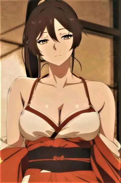 LF Color Source: 1girl, portrait, long brown hair, ponytail, bare shoulder, red corset, brown eyes, closed mouth, bra straps, cleavage, lowcut clothes, yamada asaemon sigiri, jigokuraku, AI generated by cnydox