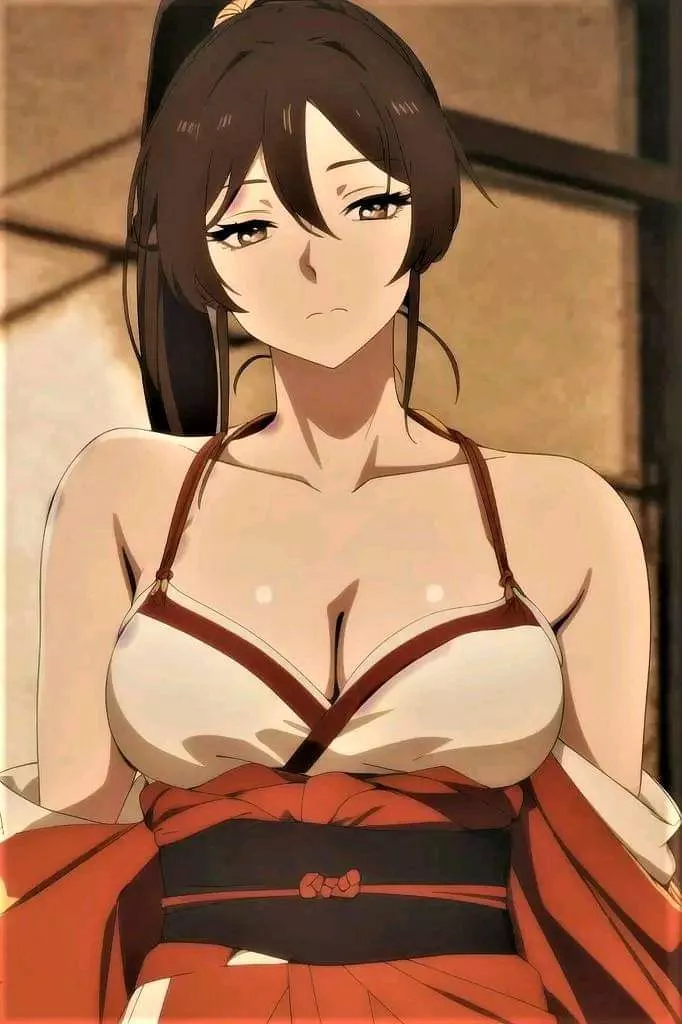 LF Color Source: 1girl, portrait, long brown hair, ponytail, bare shoulder, red corset, brown eyes, closed mouth, bra straps, cleavage, lowcut clothes, yamada asaemon sigiri, jigokuraku, AI generated posted by cnydox