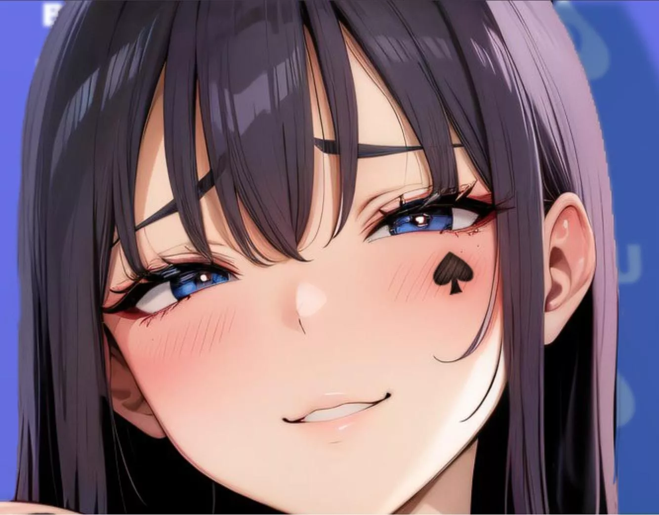 LF Color Source: black hair, blue eyes, smiling, blushing, spade, thin eyebrows, blue background, long hair posted by bigppman123456