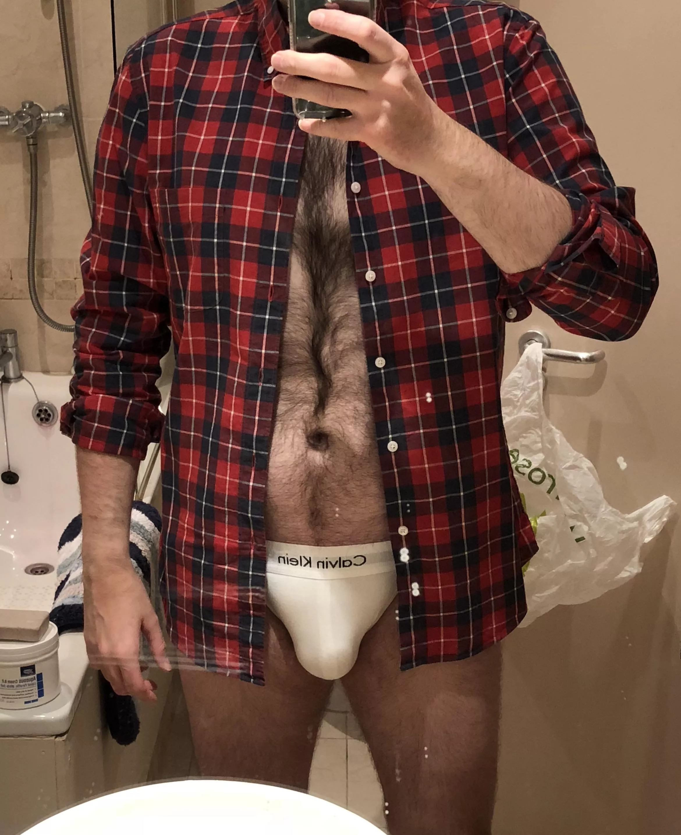 Today is probably the last day until September that I can get away with wearing plaid. It’s not a summer look. Teamed with a white CK jock. posted by Richardse110