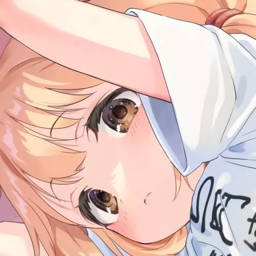 LF Color source: 1girl, futaba anzu, tied hair, short hair, blonde hair, brown eyes, white shirt, short sleeve shirt, foreign text on shirt, looking down, hands up, face, close up, sidelocks, blush, closed mouth, bangs, brown eyebrow by toneonis