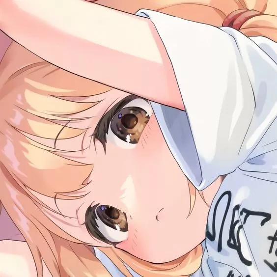 LF Color source: 1girl, futaba anzu, tied hair, short hair, blonde hair, brown eyes, white shirt, short sleeve shirt, foreign text on shirt, looking down, hands up, face, close up, sidelocks, blush, closed mouth, bangs, brown eyebrow posted by toneonis