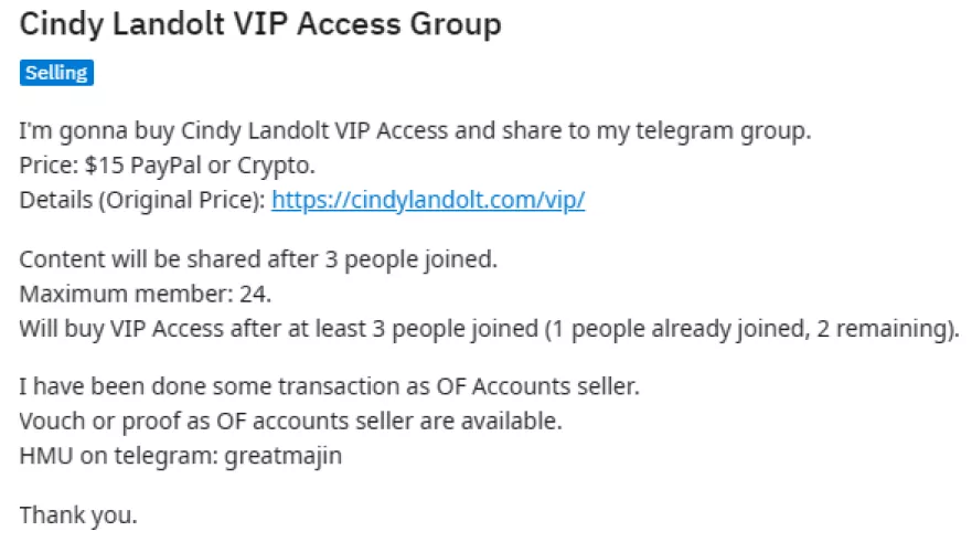 Cindy Landolt VIP Access Group. Tele: greatmajin by premcircle