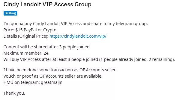 Cindy Landolt VIP Access Group. Tele: greatmajin posted by premcircle