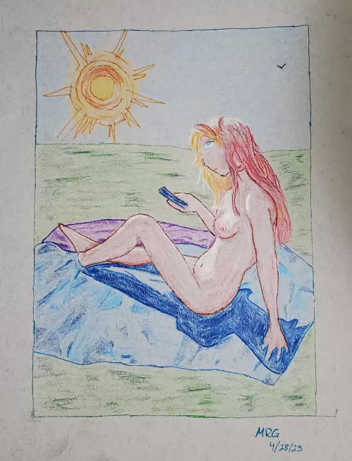 Ex boss's daughter sunbathing, by me, colored pencils/micropens, on grey toned paper by Curious_Atmosphere_2