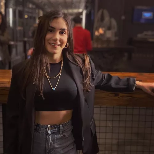 Beauty marked cutie showing bra lines through a tight black top by BrownCrow11