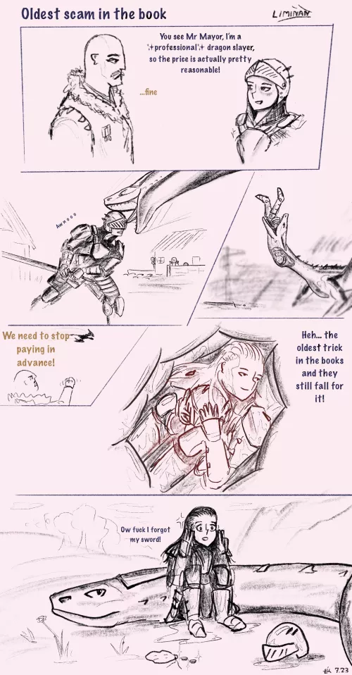 {image} “The oldest Trick in the book” by Liminan (me)- first time drawing vore in quite a while, any feedback is welcome! (?/F) (dragon) (willing) (safe) by Liminan