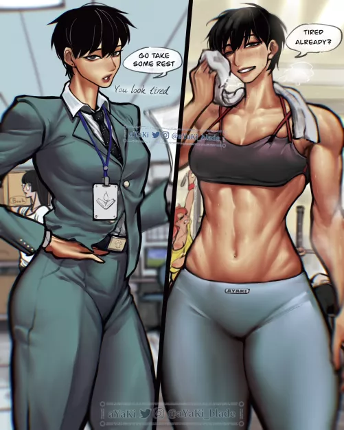 Her in office vs. Her in gym [Artist: Ayaki] by ComaOfSouls