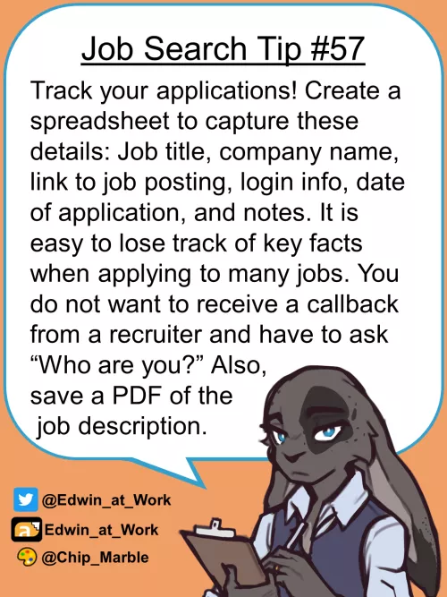 Job Search Tip 57: Tracking. Edwin@Work, Job Coaching for Furries by Edwin_at_work