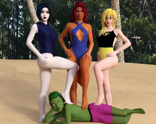 Raven, Starfire and Terra posing with Beast Boy on the Beach (SoleMann) by SoleMann_