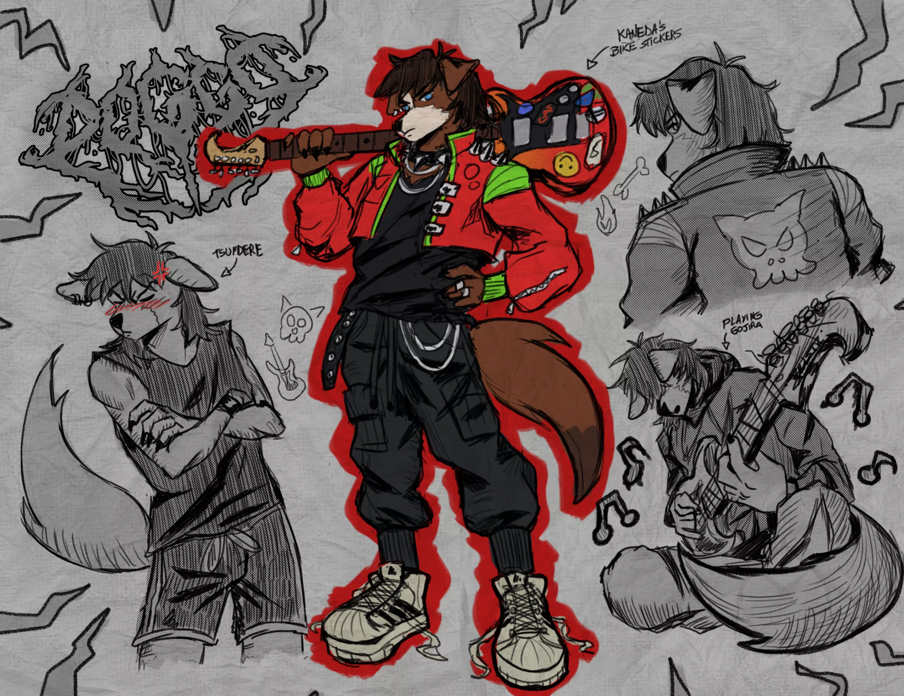 Sketch page of my doggo fursona 🎸 (art by me @billartstk on Twitter) posted by Bill_Starkk