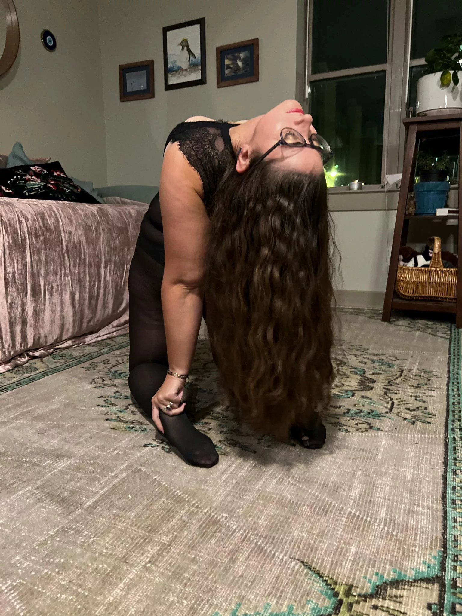 Ushtrasana (camel pose) is more enjoyable with my hair down. posted by QueerRedLavender