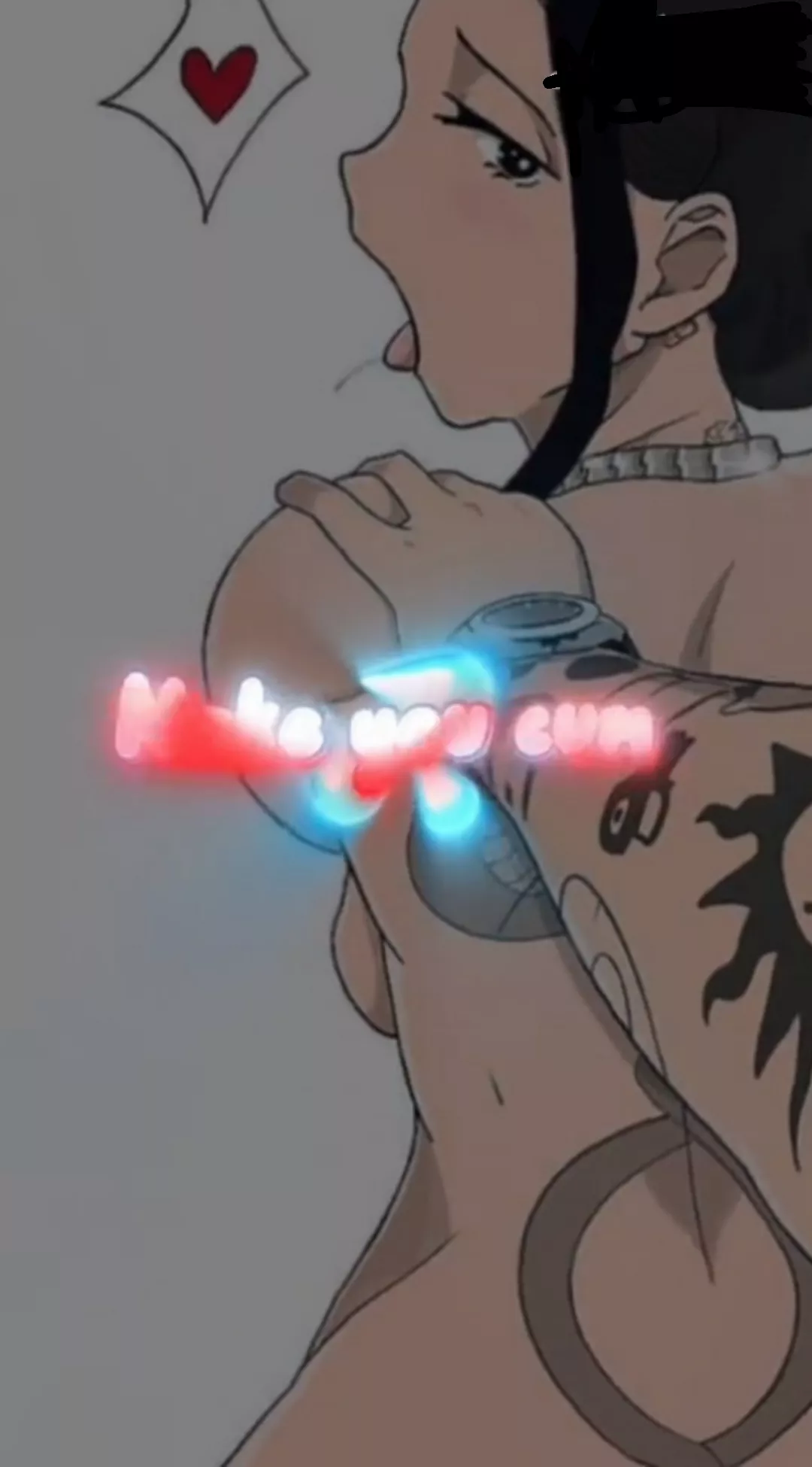 Color Source: 1girl, Man Hand, Watch, Necklace, Honey Bun Hair, Black Eyes, Tounge Out, Saliva Trail, Tattoos, Doggy, Heart text, 