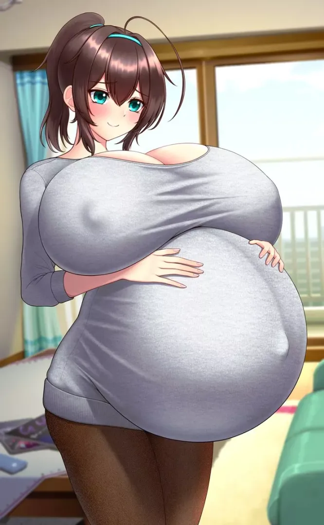 Mikaze lovingly holding her plump belly (@boubouharanyu) posted by GoddessOfSuccubi