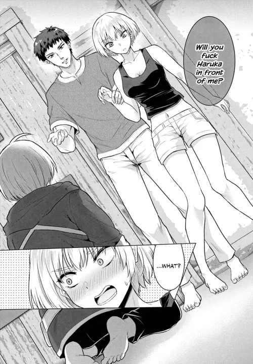 LF Mono source: 1girl, 2boys, bare feet, white short, white skin, short hair short hair, black undershirt, cleavage, navel, blush, close-up, black hair, gray t-shirt, white pants, kneeling, gray jacket, black pants, 