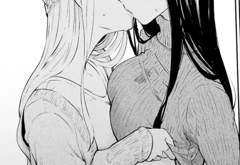 LF Mono Source: 2girls, asymmetrical docking, black hair, crown braid, french kiss/tongue kiss, from side, hair over shoulder, head out of frame, large breasts, long hair, ribbed sweater, sidelocks, sweat, sweatdrop, sweater lift, turtleneck, turtleneck  posted by HentaiSource_Archive