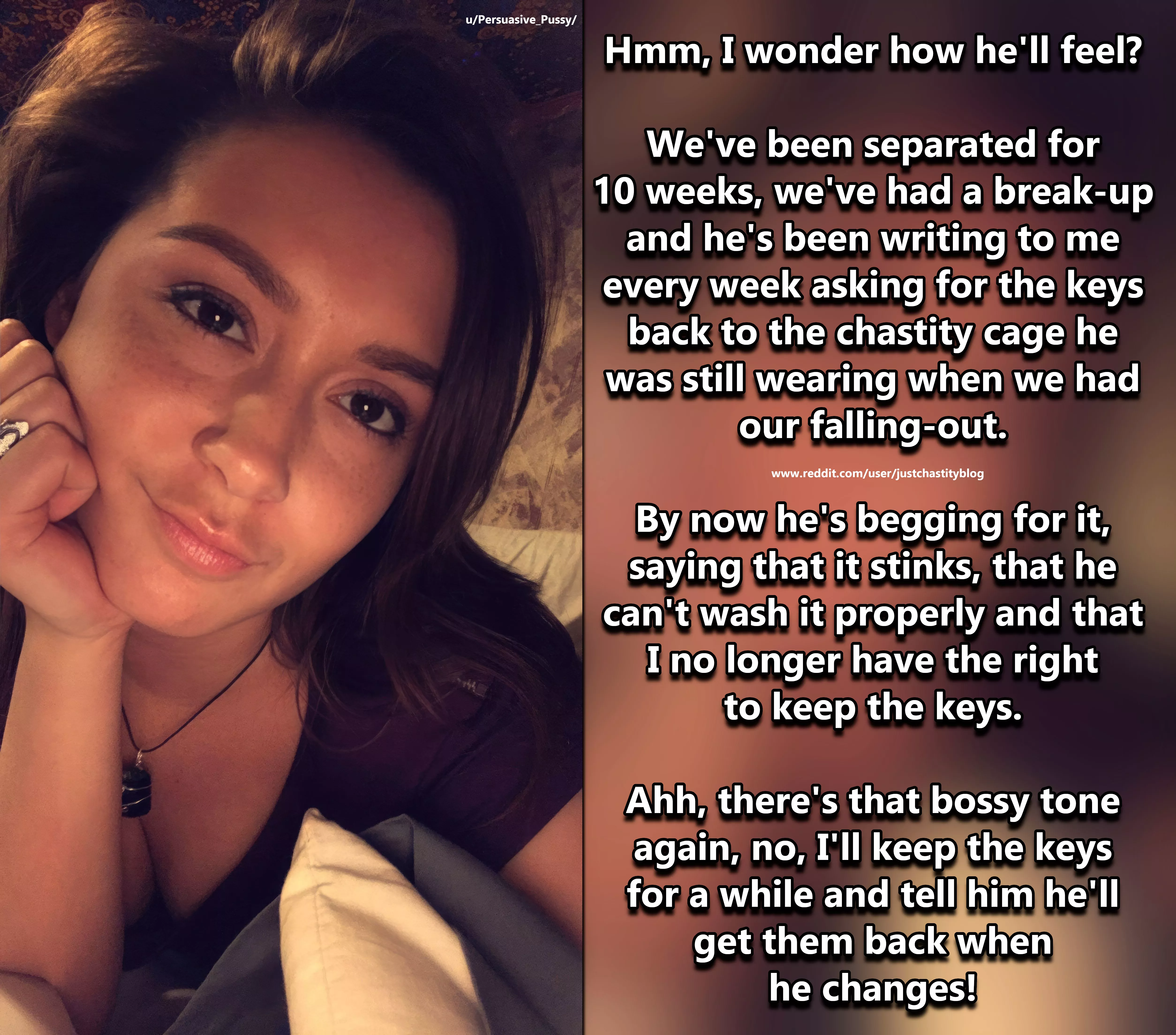 You may be in a state of separation, but that one thing is still her power over you! posted by justchastityblog