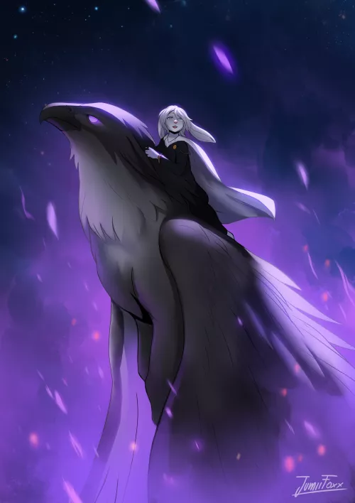 Bunny and Griffin Soaring in Starry Night ✨(commission for @notveryaccurate) by JumiiFoxx