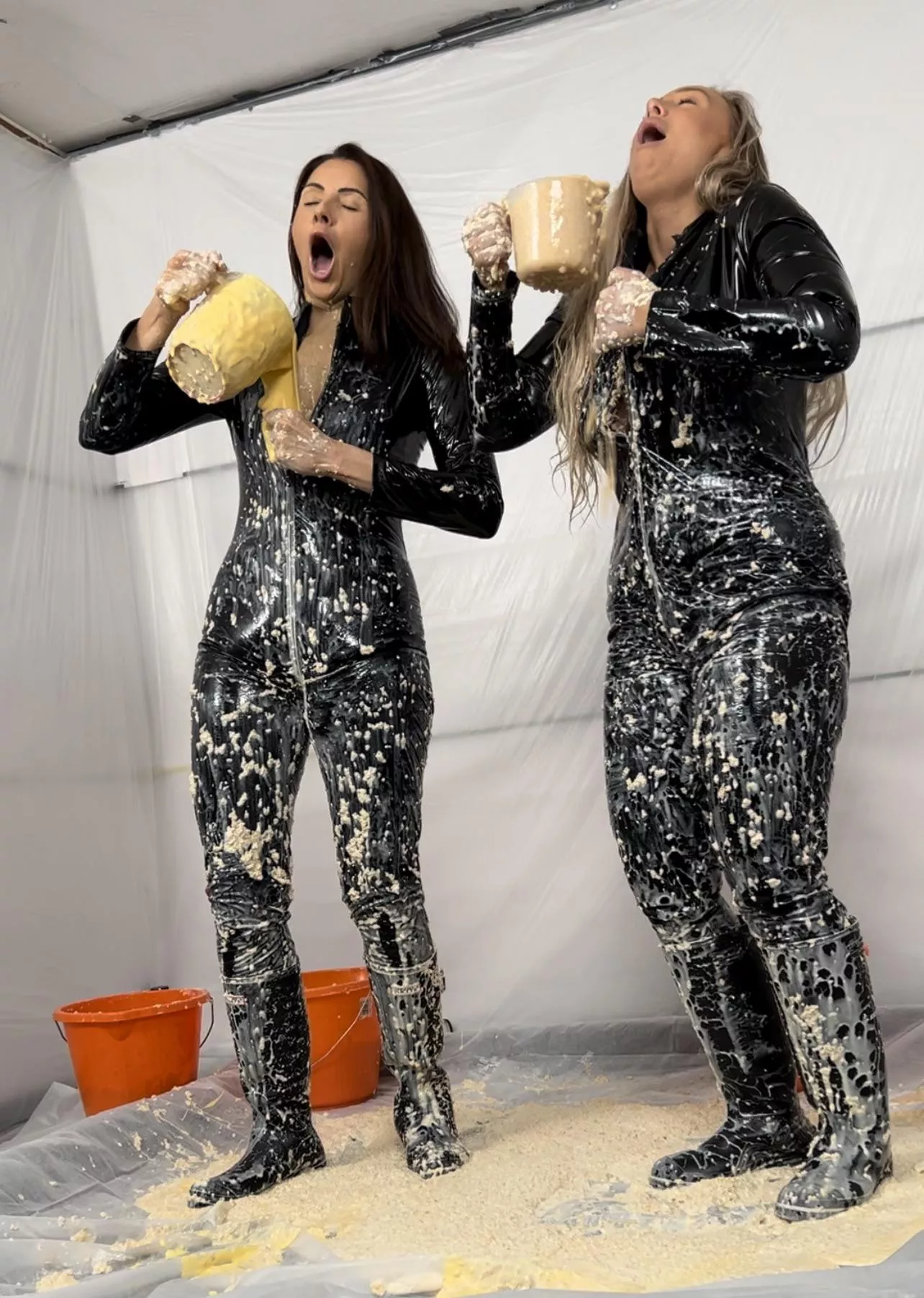 Slowly filling our PVC catsuits with porridge, custard and rice pudding xx posted by BrookeMaddison