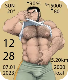 Just Bought an Amazfit Bip 3 Pro Smartwatch and Made a Bara Watch face in Celebration. Artist: Takaku Nozomu; Doujinshi: Drive That Man Into a Frenzy; Character: Koyama Hajime posted by BubblyCub