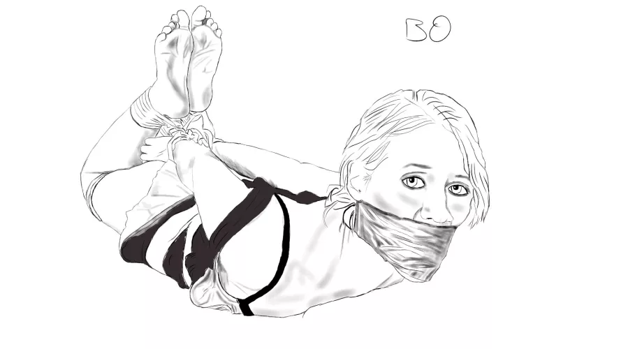 Drawing of madalynn raye hogtied and wrap gagged by BenOrenson