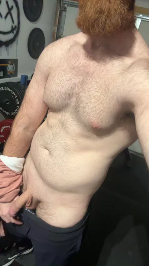 Garage gym in 100 degree weather means clothes come off by bigredxxx69