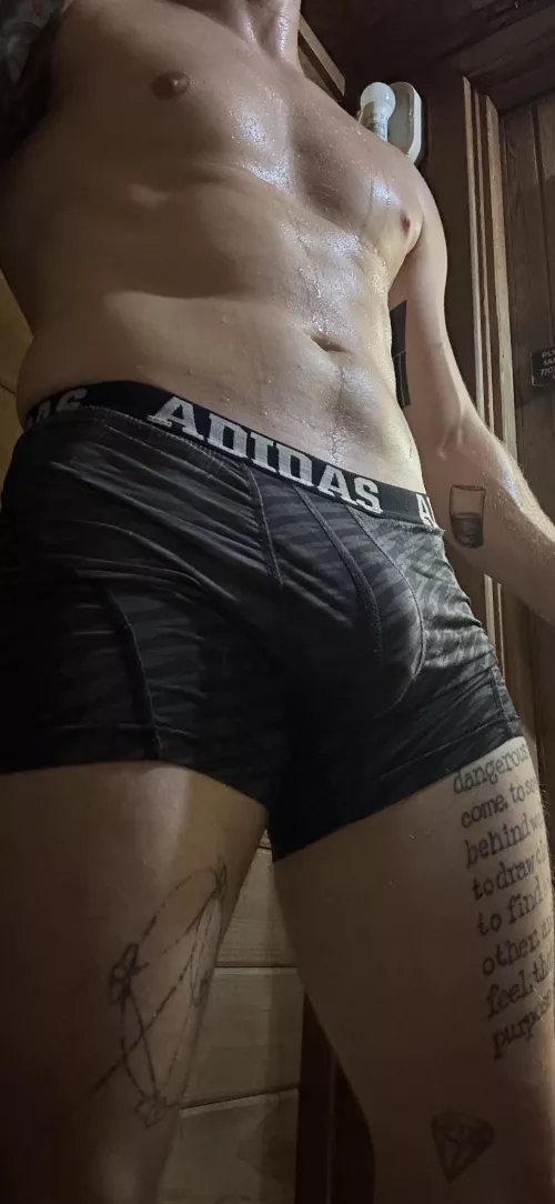 Love showing my cock outline at the gym sauna by StiffStagCT