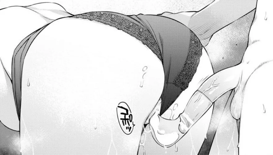 Mono 1boy, 1girl, after sex, ass grab, bent over, black panties, cum, doggystyle, foreign text, from behind, hand on another's ass, hanging breasts, head out of frame, lace-trimmed panties, large breasts, panties aside, pussy juice, sfx, sweat, uncensor by HentaiSource_Archive