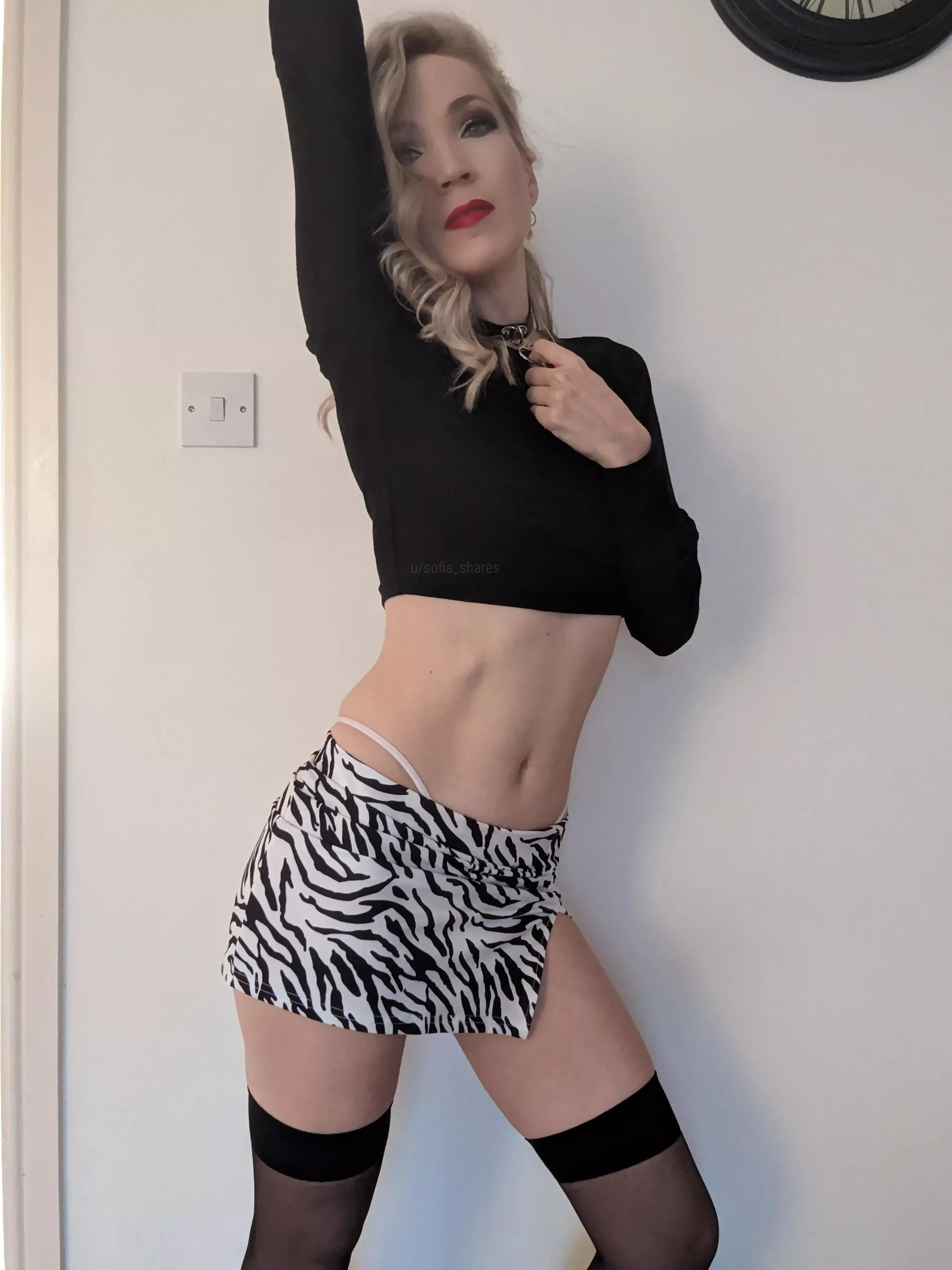 Zebra print on a miniskirt always works…but I think the thong, collar and hold ups definitely help! 🔥 posted by sofia_shares
