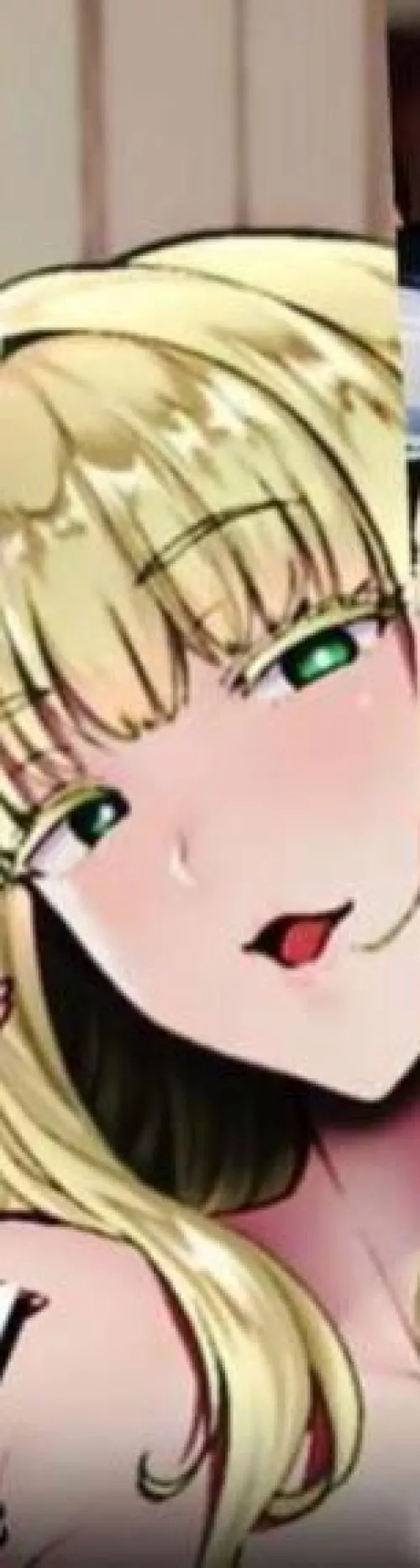 Lf color source: smug smile, blonde hair, green eyes, bust, half-open eyes, flushed face, open mouth, hair on shoulder by PolishOnion_