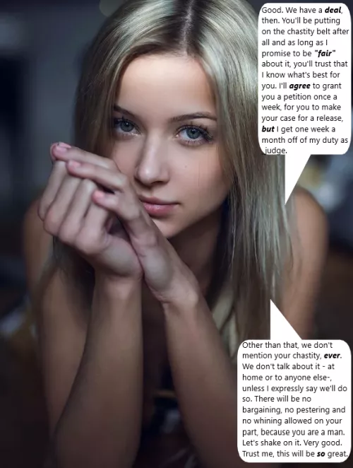 Chastity Fantasy: Caption 287. You drive a hard bargain, mister! Alright, a compromise it is. by wellhowaboutmaybe