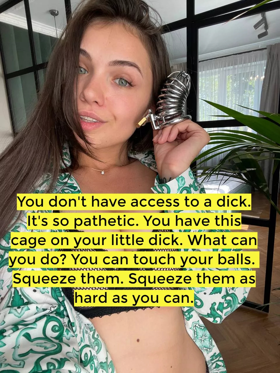 Now your dick is in a chastity cage! Squeeze your balls until I say stop! posted by annasmilee-milf